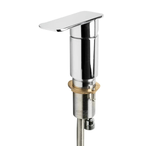 HomeStock Handheld Shower System with Solid Brass Construction and Polished Chrome Finish for Bathroom, close-up of chrome faucet handle.