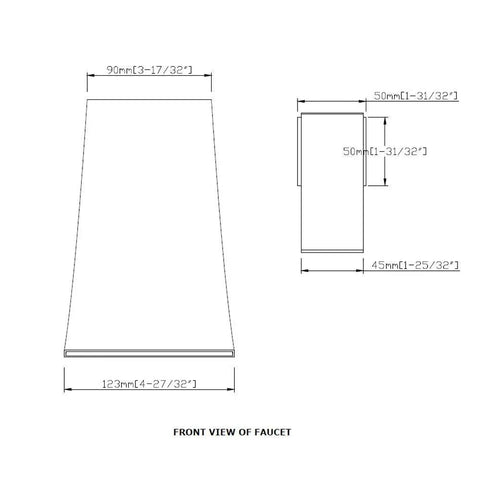 Technical drawing of Wall Mount Bathtub Faucet With Waterfall Tub Filler, Brass Chrome Finish, Ceramic Cartridge, dimensions front view.