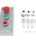Outdoor Ready 3 Button Emergency Stop Push Button Switch Station With Red And Green Indicator IP66 Aluminum Housing Momentary And Latching 1NC 1NO Weatherproof 175x80x55mm Enclosure with mounting accessories