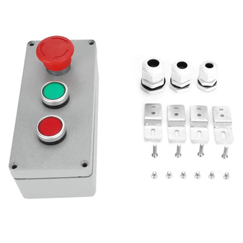 Outdoor Ready 3 Button Emergency Stop Push Button Switch Station With Red And Green Indicator IP66 Aluminum Housing Momentary And Latching 1NC 1NO Weatherproof 175x80x55mm Enclosure with mounting accessories
