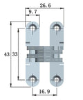 Technical drawing of the Zinc Alloy Hidden Cross Cabinet Hinge With 43mm Size And Soft Close Damper, dimensions labeled.