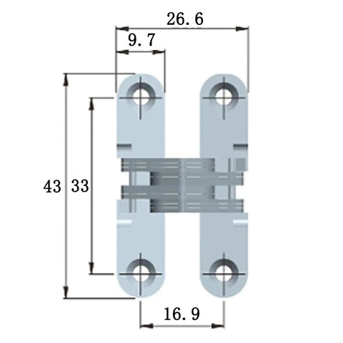 Technical drawing of the Zinc Alloy Hidden Cross Cabinet Hinge With 43mm Size And Soft Close Damper, dimensions labeled.