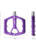 Grippy Aluminum Flat Pedals With Ultra Traction Pins And Sealed Bearings, Lightweight Platform Pedals Built For Mountain, Road, MTB And BMX Riding, 9/16 Inch Spindle, Purple A001, dimensions shown