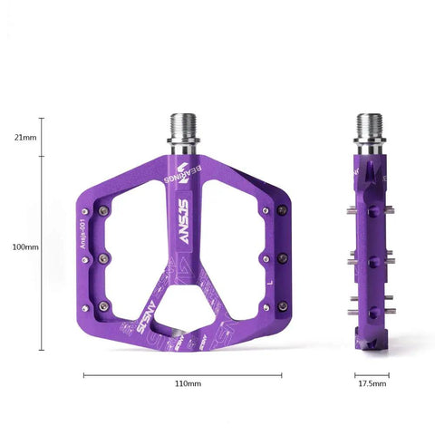 Grippy Aluminum Flat Pedals With Ultra Traction Pins And Sealed Bearings, Lightweight Platform Pedals Built For Mountain, Road, MTB And BMX Riding, 9/16 Inch Spindle, Purple A001, dimensions shown