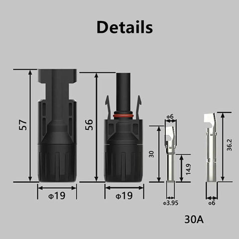 Detailed view of connectors and pins from All In One Solar Crimping Tool Kit With 51 Pieces Includes 12 Pairs Of Solar Connectors