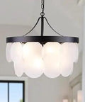Black Modern Glass Chandelier 22 Inch Seven Light Farmhouse Pendant Fixture With White Frosted Glass Shade Round Ceiling Light