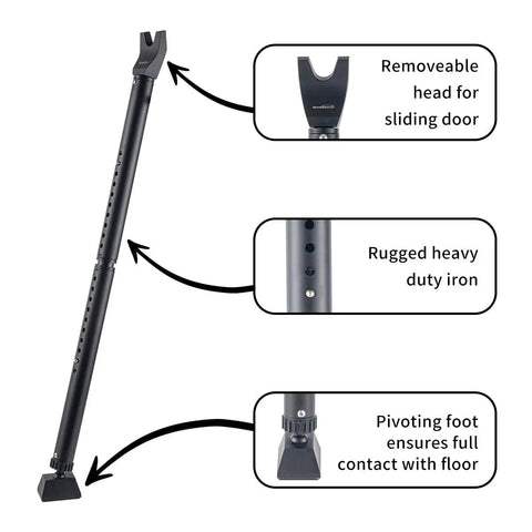 2-In-1 Door Security Bar And Patio Stopper, Adjustable Iron, Kid Proof, Black with sliding door head, rugged iron, pivoting foot