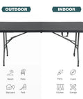 Six Foot Outdoor Folding Dining Table For Parties And Weddings, Portable Rectangular Plastic Table With Built In Carrying Handle, Black
