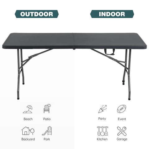 Six Foot Outdoor Folding Dining Table For Parties And Weddings, Portable Rectangular Plastic Table With Built In Carrying Handle, Black