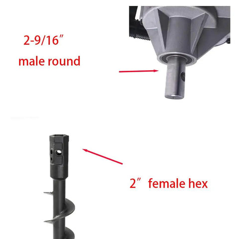 Heavy Duty Auger Bit Adapter Conversion From 2-9/16 Inch Female Round To 2 Inch Male Hex Shaft with Bolt Pin