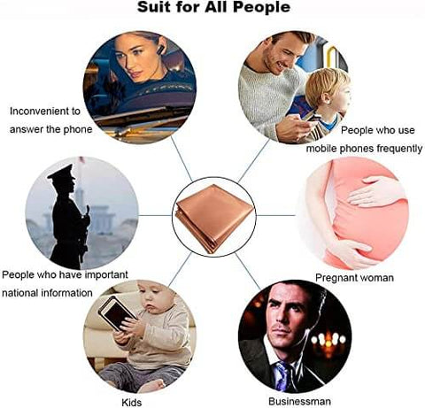 Illustration showing uses of Real Talk Copper Faraday Fabric for various people including kids, businessmen, and pregnant women