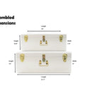 Two Dope Vintage Style Metal Storage Trunks With Gold Handles And Locks, Space Saving Organizer dimensions displayed.