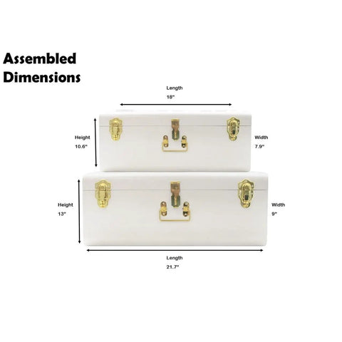 Two Dope Vintage Style Metal Storage Trunks With Gold Handles And Locks, Space Saving Organizer dimensions displayed.