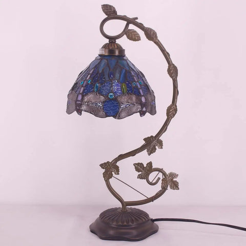Blue Stained Glass Dragonfly Tiffany Style Table Lamp With Metal Leaf Accent Cozy Desk Or Nightstand Reading Light