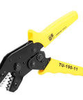 Ergonomic Chrome Vanadium Steel Crimp Plier With PVC Handle For Cable Crimping And AWG 28 18 Terminals, side view.