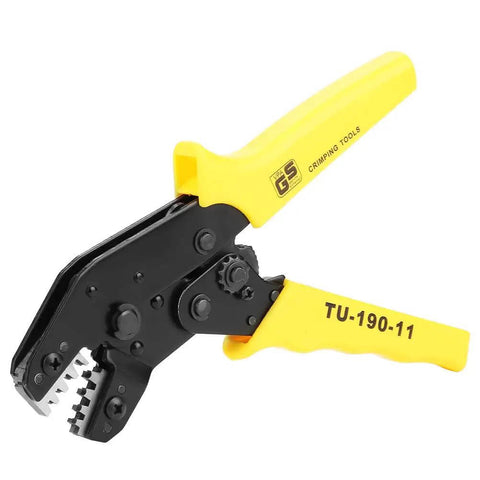 Ergonomic Chrome Vanadium Steel Crimp Plier With PVC Handle For Cable Crimping And AWG 28 18 Terminals, side view.