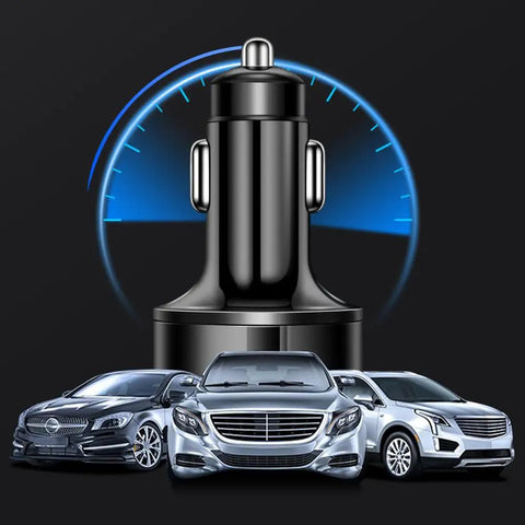Six Port Usb C Car Charger With Led Voltage Display PD QC3 Fast Charging with cars in background and digital voltage display