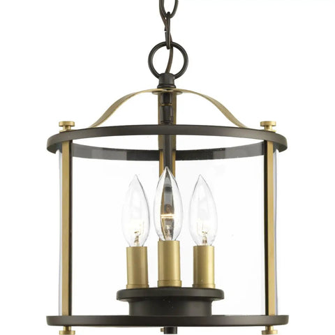Three-Light Bronze Outdoor Semi-Flush Convertible Fixture With Squire Style hanging view, clear glass and brass accents