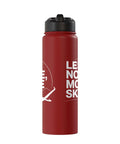 Red stainless steel insulated water bottle for glider pilots and tow crew with slogan, aero tow hydration on the fly