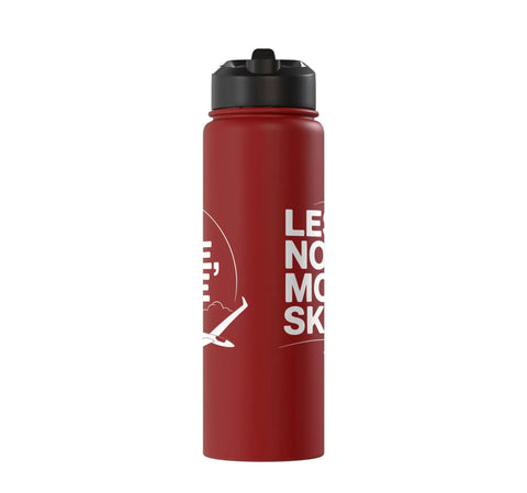 Red stainless steel insulated water bottle for glider pilots and tow crew with slogan, aero tow hydration on the fly