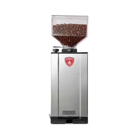 Eureka Mignon Silenzio 55 grinder with coffee beans, stainless steel body, part of the Espresso Machine And Eureka Mignon Silenzio 55 Grinder Bundle