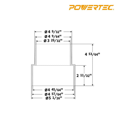 Technical drawing of 5 Inch To 4 Inch Dust Collection Reducer Fitting Black ABS Plastic Seamless Main Line To Branch Line Connection For Dust Collectors Converts 5 Inch Od To 4 Inch Od Hoses Or Ports Pro Grade DIY Friendly