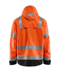 Back view of Hi Viz Windproof Lightweight Durable Safety Jacket with Reflective Strips Class 3, orange and black, hooded, lined shell.