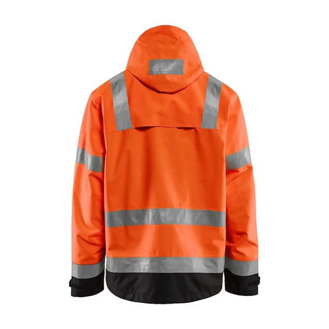 Back view of Hi Viz Windproof Lightweight Durable Safety Jacket with Reflective Strips Class 3, orange and black, hooded, lined shell.