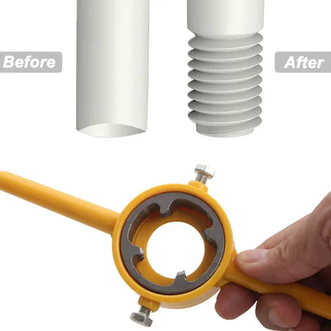 PVC Pipe Threader Kit For Quick No Fuss Threading Six Piece Tool Set With 1/2 Inch 3/4 Inch And 1 Inch NPT Die Sets in use showing before and after