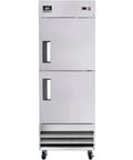 Commercial Reach In Split Door Freezer With Dual Solid Doors And Twenty Three Cubic Feet Of Badass Cold Storage For Quick Bites Kitchens Plus Corner Shops Featuring No Fuss Digital Thermostat Controls Sleek Wire Shelving Racks, stainless steel, front view.