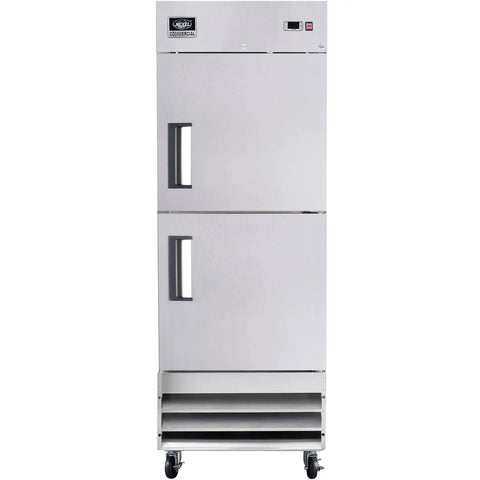 Commercial Reach In Split Door Freezer With Dual Solid Doors And Twenty Three Cubic Feet Of Badass Cold Storage For Quick Bites Kitchens Plus Corner Shops Featuring No Fuss Digital Thermostat Controls Sleek Wire Shelving Racks, stainless steel, front view.