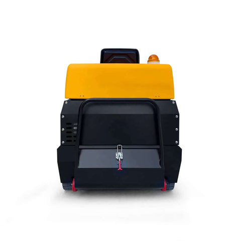 Front view of Ride On Industrial Floor Sweeper With 24 Gallon Dustbin And 65000 Sqft Per Hour Cleaning Power, Heavy Duty Shop Floor Cleaner.