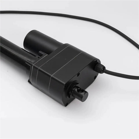 Close-up of Badass 10000N IP67 Linear Actuator With Mechanical Clutch for Heavy Duty use, showing motor and connection.