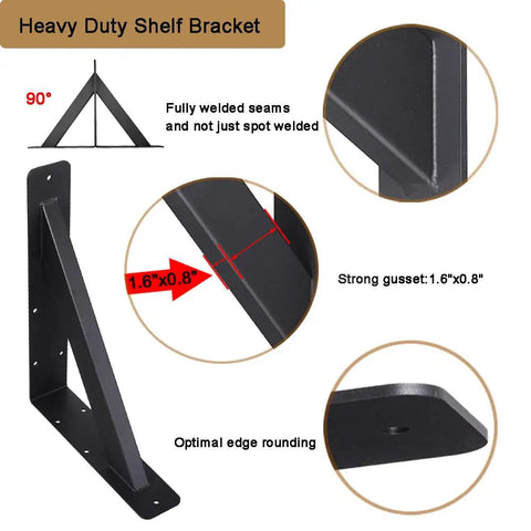 Beefy Heavy Duty Countertop Shelf Brackets Set Of 2 12x9 Inch Solid Metal Triangle Supports, details of gusset and welds, 90 degree