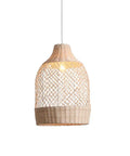 Natural Rattan Pendant Light Handwoven Wicker Ceiling Lamp For Dining Room And Kitchen Ge Style Rattan Hanging Light Fixture Isla Design Home Decor Cool And Modern For Cozy Spaces, shown in handwoven design hanging against white background.