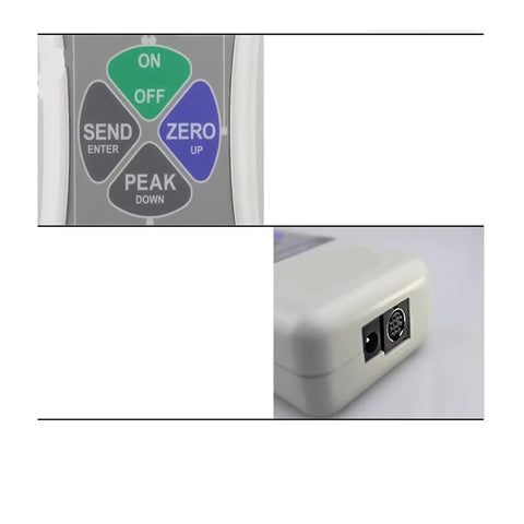 Push Pull Force Tester Digital Dynamometer for Tension and Pressure Handheld Portable Force Meter with Peak Hold High Resolution Readout for Precise Lab and Field Testing, control panel and power port