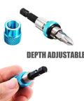 Three Pack Magnetic Drill Bit Holder Set For Impact Drivers One Quarter Inch Hex Shank 60mm 100mm 150mm Extensions Cr V Steel Construction Strong Built In Magnet Blue Color Pro Grade For Quick Spotting with depth adjustable feature.