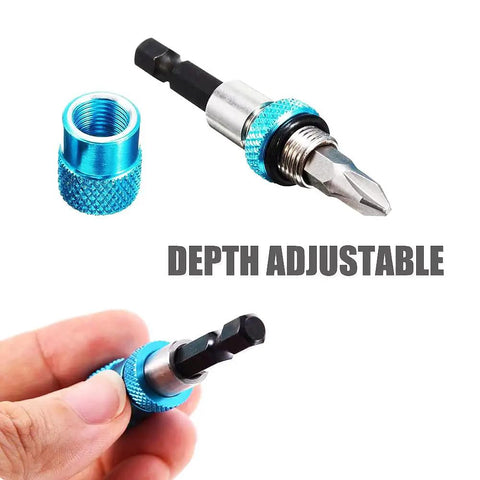 Three Pack Magnetic Drill Bit Holder Set For Impact Drivers One Quarter Inch Hex Shank 60mm 100mm 150mm Extensions Cr V Steel Construction Strong Built In Magnet Blue Color Pro Grade For Quick Spotting with depth adjustable feature.