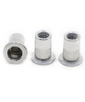 Three 10 Pcs Flat Head Threaded Insert Nuts M3 To M12 Zinc Plated Steel Rivet With Knurled Body for metal plates.
