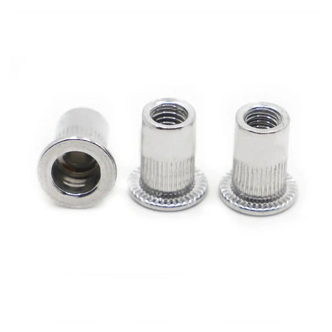 Three 10 Pcs Flat Head Threaded Insert Nuts M3 To M12 Zinc Plated Steel Rivet With Knurled Body for metal plates.