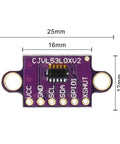 Front view of Dope Time Of Flight VL53L0X Laser Ranging Sensor Breakout Module I2C, showing dimensions and connection points.