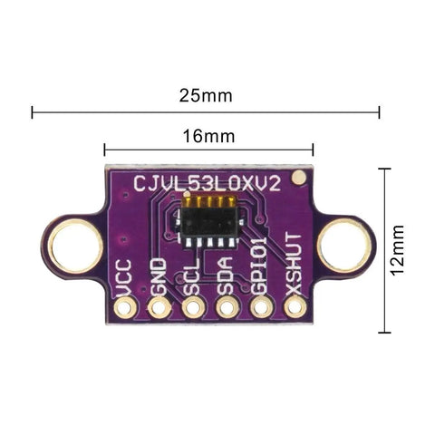 Front view of Dope Time Of Flight VL53L0X Laser Ranging Sensor Breakout Module I2C, showing dimensions and connection points.
