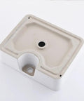 Bottom view of White Vessel Sink With Gold Faucet And Drain, 18x13 Inch Above-Counter Rectangle Ceramic Porcelain Bathroom Basin