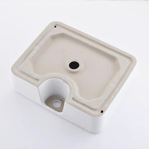 Bottom view of White Vessel Sink With Gold Faucet And Drain, 18x13 Inch Above-Counter Rectangle Ceramic Porcelain Bathroom Basin