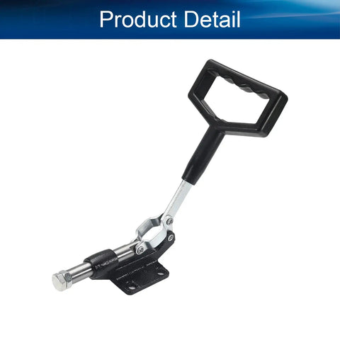 Heavy Duty Push Pull Toggle Clamp Delivers Killer 850 Lbs Holding Capacity Top Shelf Quick Release Design Features A Big Black Square Handle And Smooth 44Mm Stroke Zinc Plated Carbon Steel With Adjustable M10 Flex shown from side angle with a black handle and base.