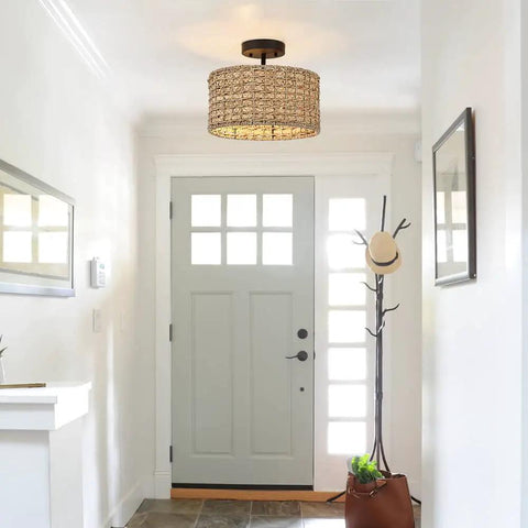 Rattan Semi Flush Mount Ceiling Light With Black Canopy 2 Light 12 Inch Drum Shade Fixture in hallway