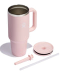 On The Fly 40 Oz Stainless Steel Travel Tumbler With Comfort Grip Handle And Leak Proof Straw Lid in pink with accessories.