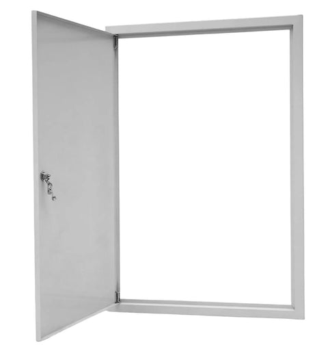 Premium Galvanized Steel Access Panel 24 By 36 Inches With Secure Lock And Key showing open door and keyhole.