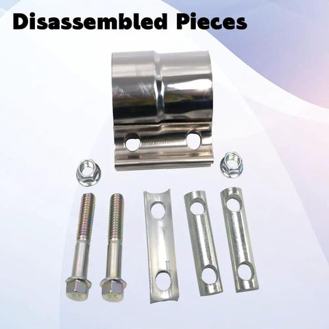 Disassembled pieces of 2 Inch Exhaust Clamp Lap Joint Band Clamp Stainless Steel For Clamping 2 Inch OD To 2 Inch ID Pipes 2 Pack