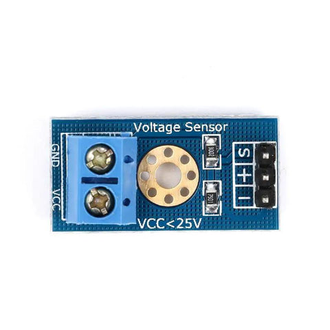 Solid Build 10 Pack DC 0 To 25V Voltage Detection Sensor Module, Analog Voltage Divider Board For Microcontroller ADC Input, 3.3V And 5V Compatible With Screw Terminal Interface, Easy DIY Hookup And Hella Smooth Signal Scaling, close-up of blue voltage sensor board.